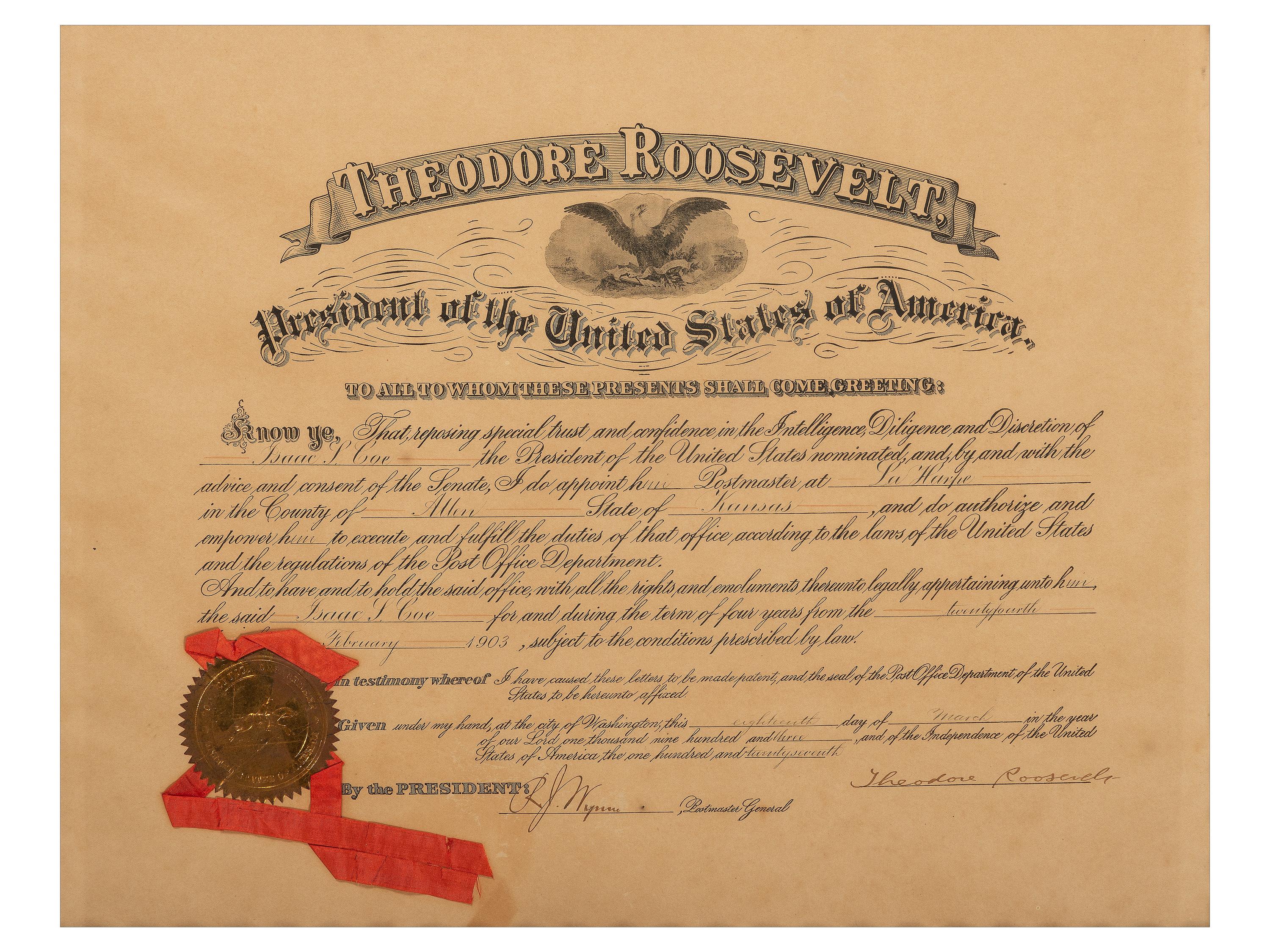 ROOSEVELT, Theodore (1858-1919). Partly-printed commission signed ("Theodore Roosevelt"). Washington, D.C., 18 March 1903.