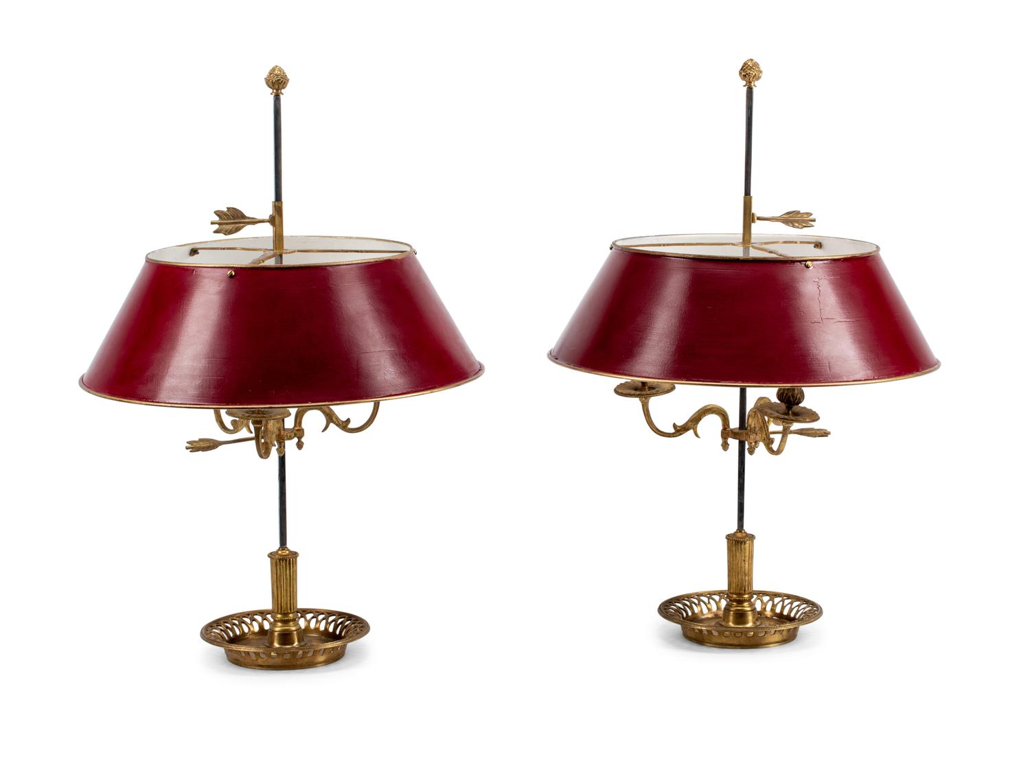 A Pair of Empire Style Gilt Metal Bouillotte Lamps with Tole Shades