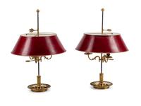 A Pair of Empire Style Gilt Metal Bouillotte Lamps with Tole Shades