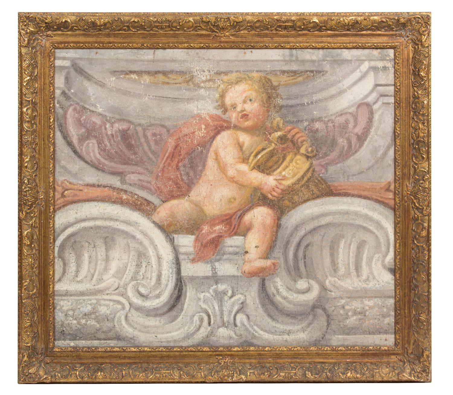A Continental Painted Mural Fragment, 18TH CENTURY, depicting a cherub in an architectural setting, in a giltwood frame