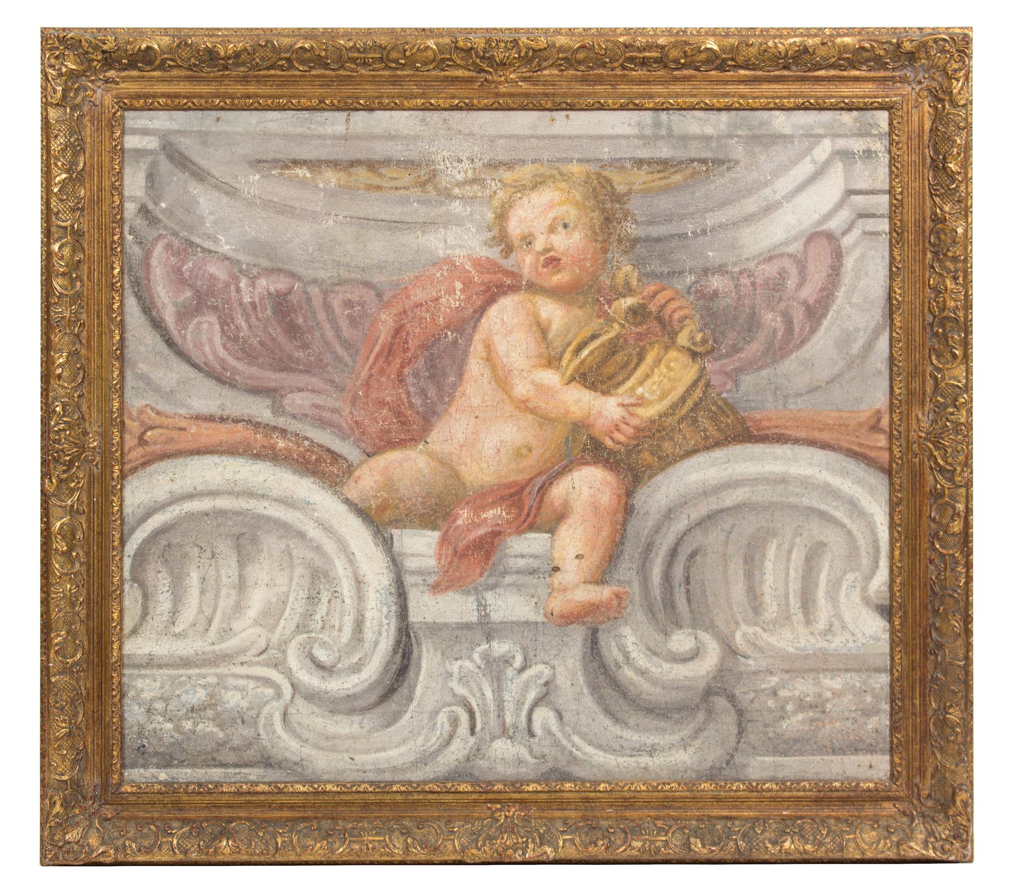 A Continental Painted Mural Fragment, 18TH CENTURY, depicting a cherub in an architectural setting, in a giltwood frame