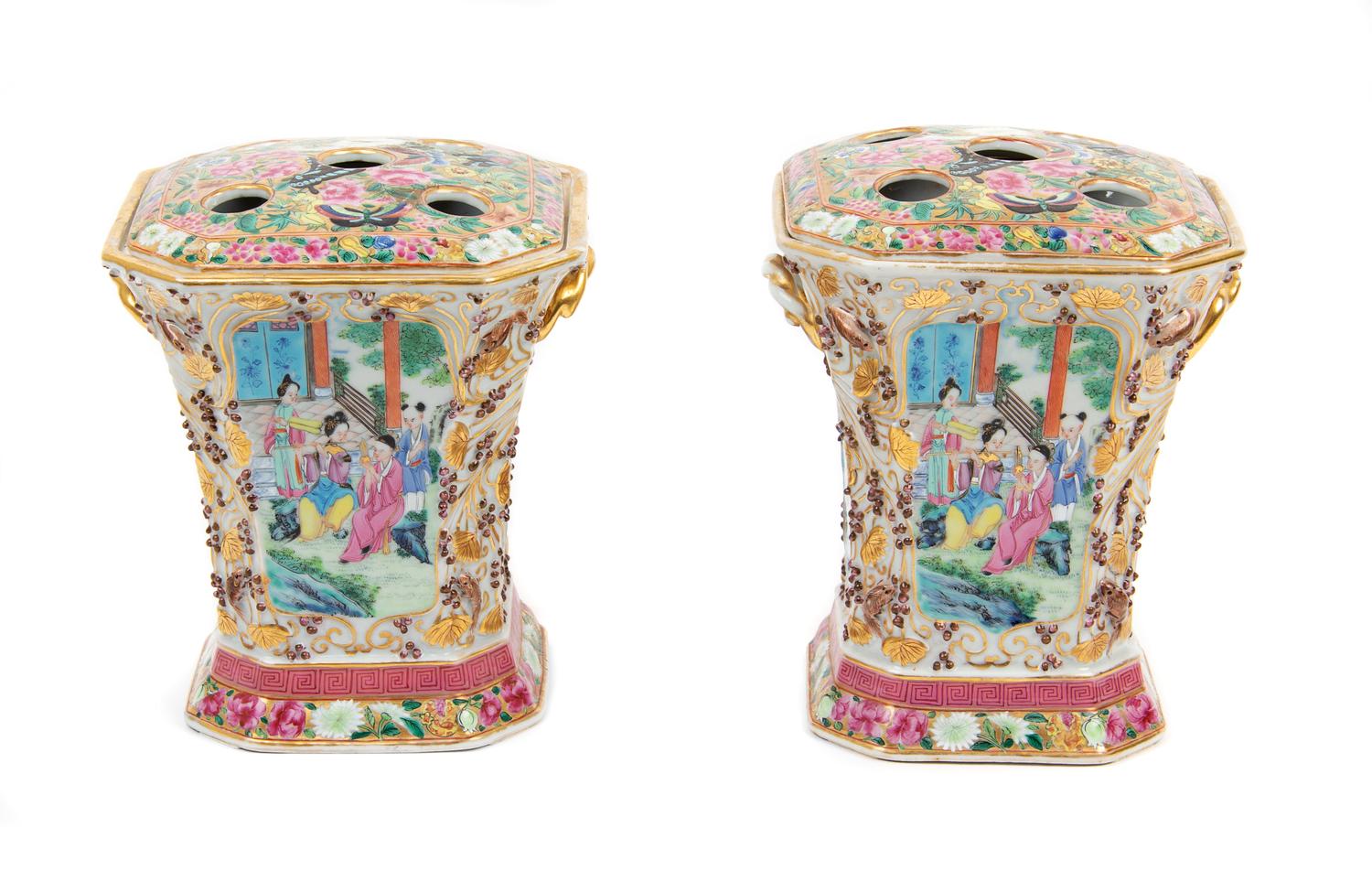 A Pair of Chinese Export Gilt Decorated Rose Medallion Flower Vases Height of each 8 1/4 inches. — 19TH CENTURY