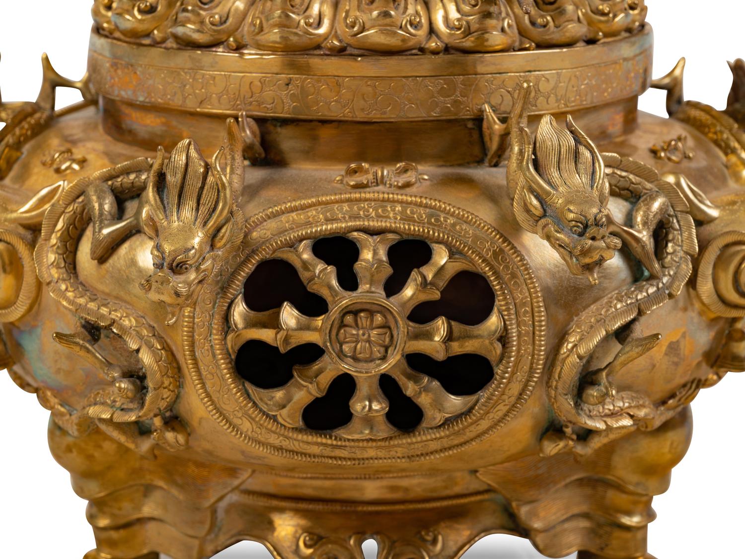 A Sino-Tibetan Style Gilt Bronze Tripod Incense Burner