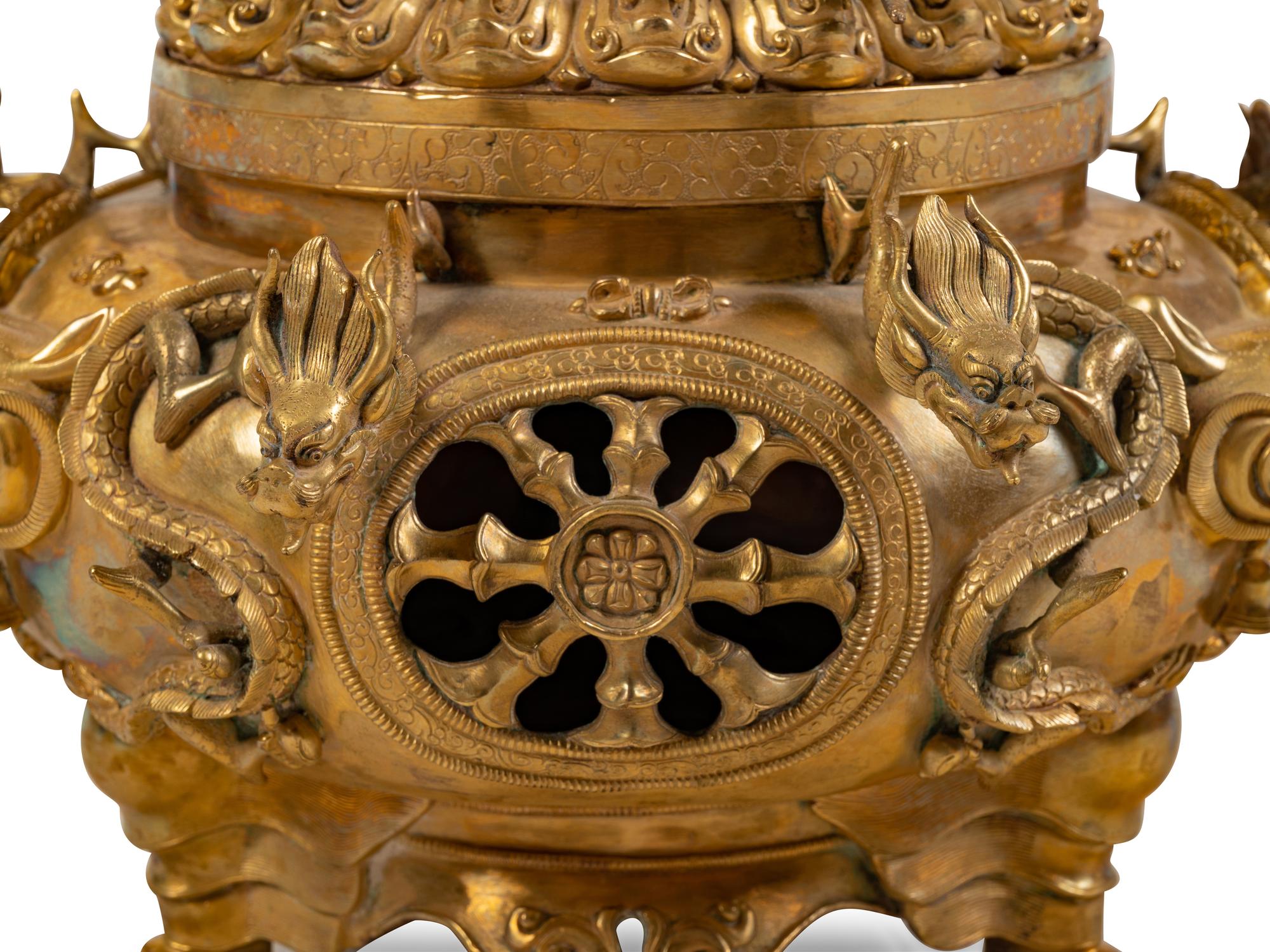 A Sino-Tibetan Style Gilt Bronze Tripod Incense Burner