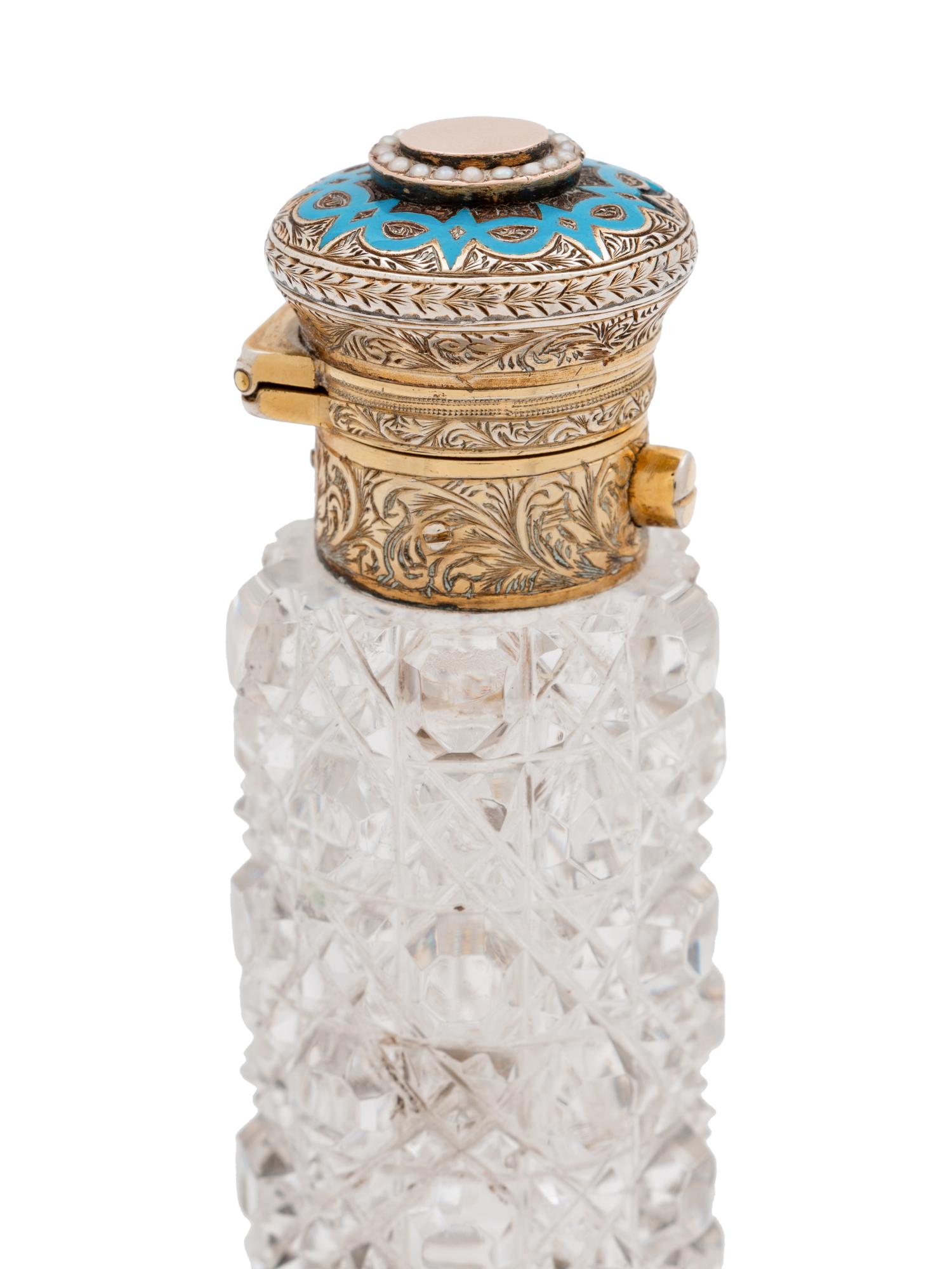 A Continental Silver-Gilt, Enameled and Pearl-Inset Cut Glass Scent Flask