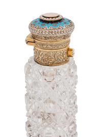A Continental Silver-Gilt, Enameled and Pearl-Inset Cut Glass Scent Flask
