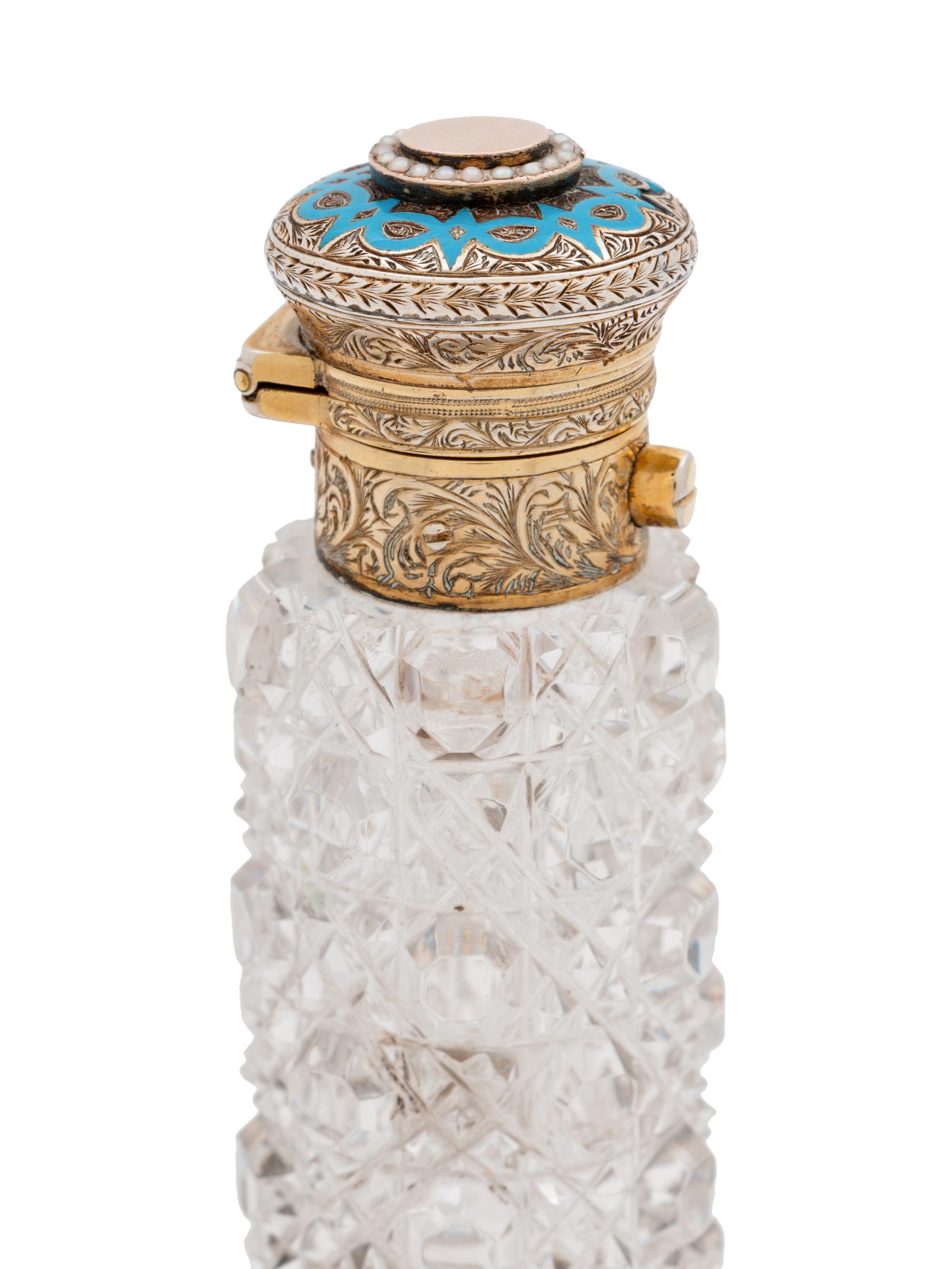A Continental Silver-Gilt, Enameled and Pearl-Inset Cut Glass Scent Flask