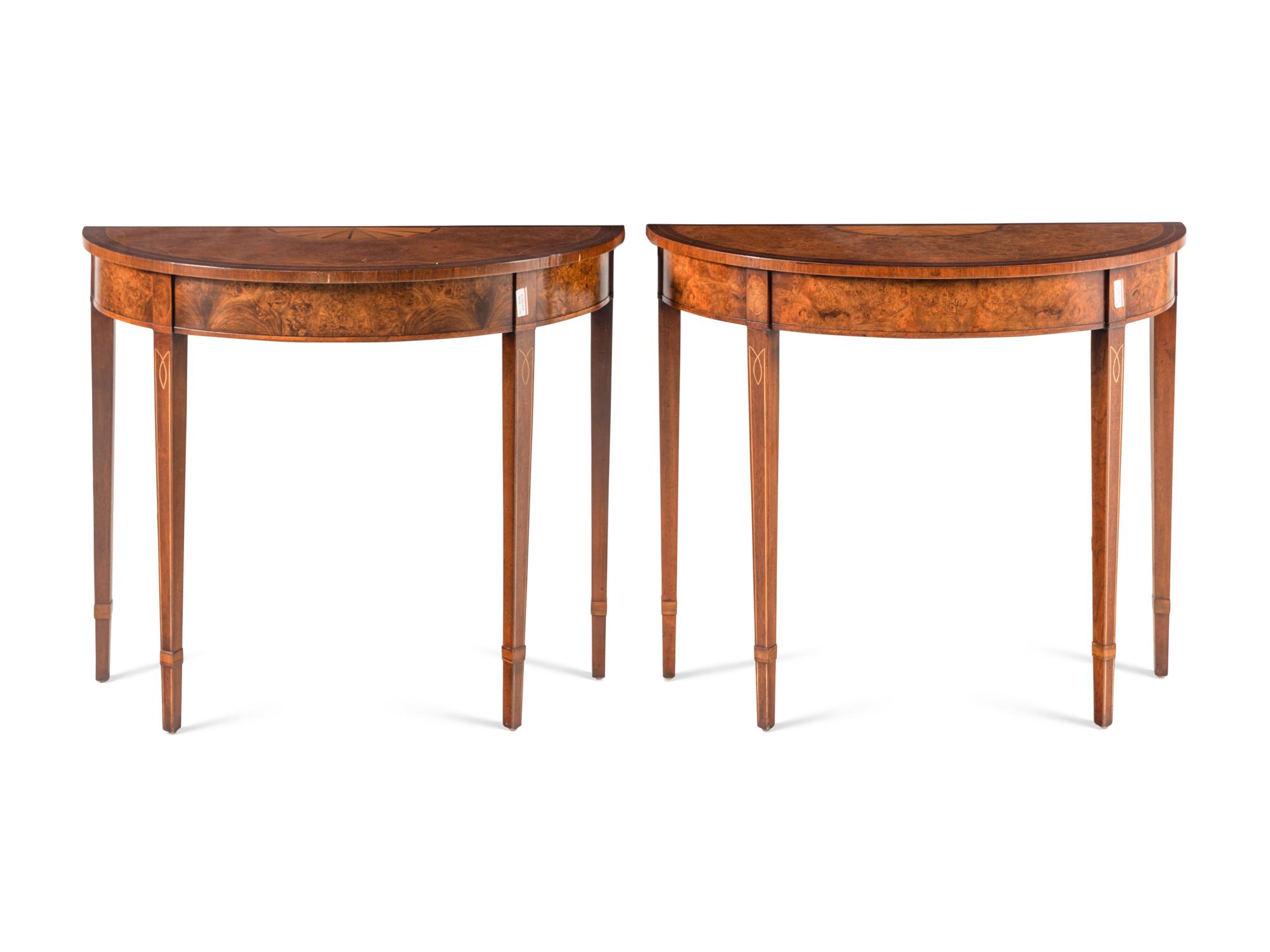 A Pair of George III Style Burl Walnut Console Tables