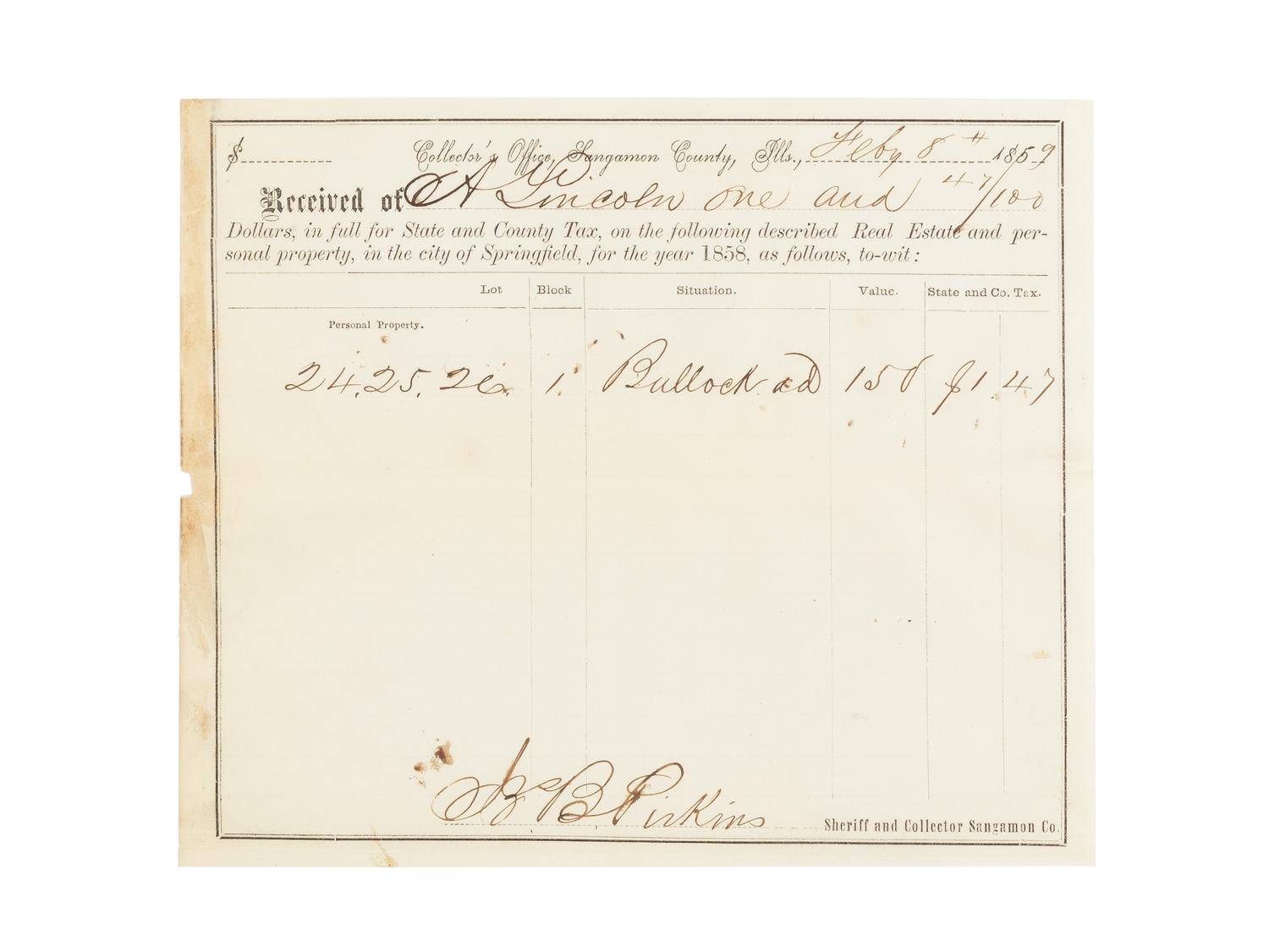 LINCOLN, Abraham (1809-1865). A small archive of 9 manuscript and partially printed documents relating to the Bullock Land Transaction, Springfield, Illinois, 1855-1859, comprising: