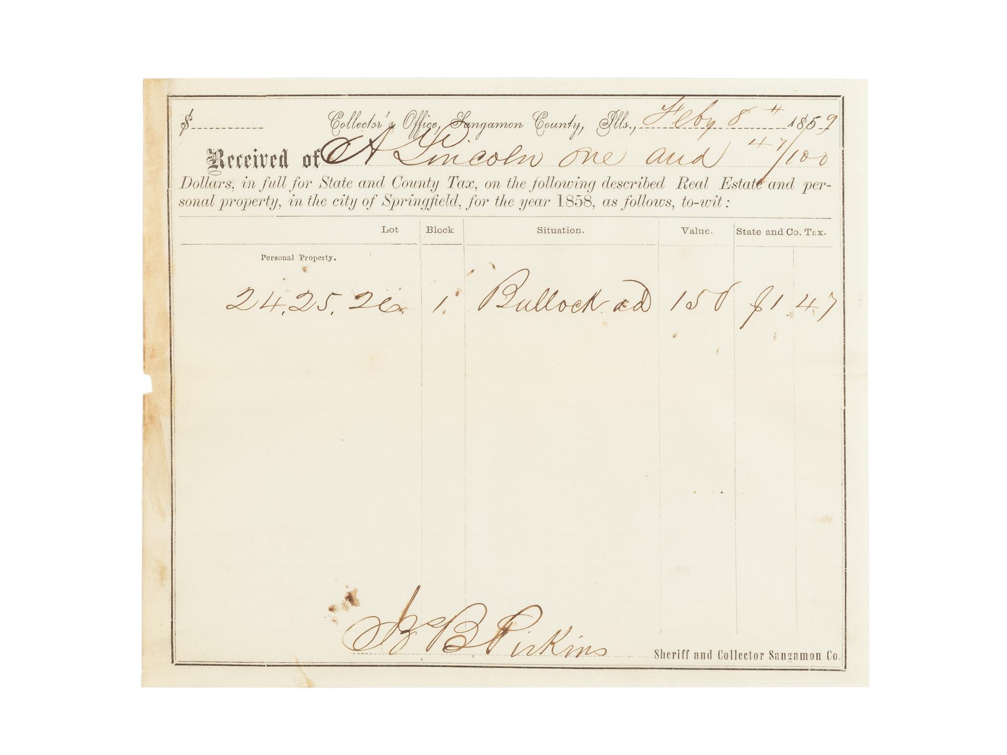 LINCOLN, Abraham (1809-1865). A small archive of 9 manuscript and partially printed documents relating to the Bullock Land Transaction, Springfield, Illinois, 1855-1859, comprising: