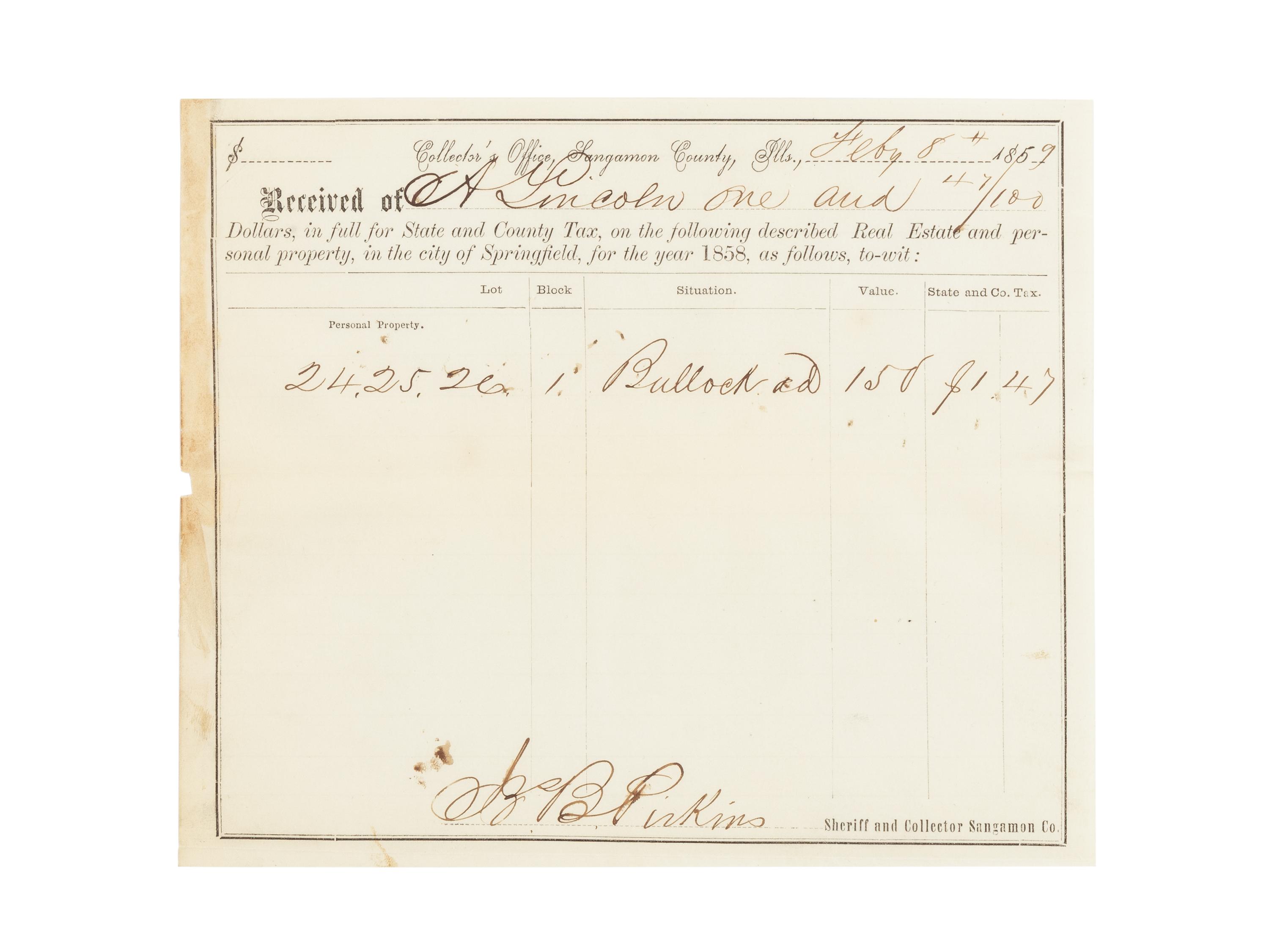 LINCOLN, Abraham (1809-1865). A small archive of 9 manuscript and partially printed documents relating to the Bullock Land Transaction, Springfield, Illinois, 1855-1859, comprising: