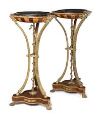 A Pair of Louis XVI Style Gilt Bronze Mounted Fruitwood Marble-Top Pedestal Tables