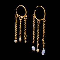 Two Byzantine Pearl, Chalcedony, and Gold Hoop Earrings