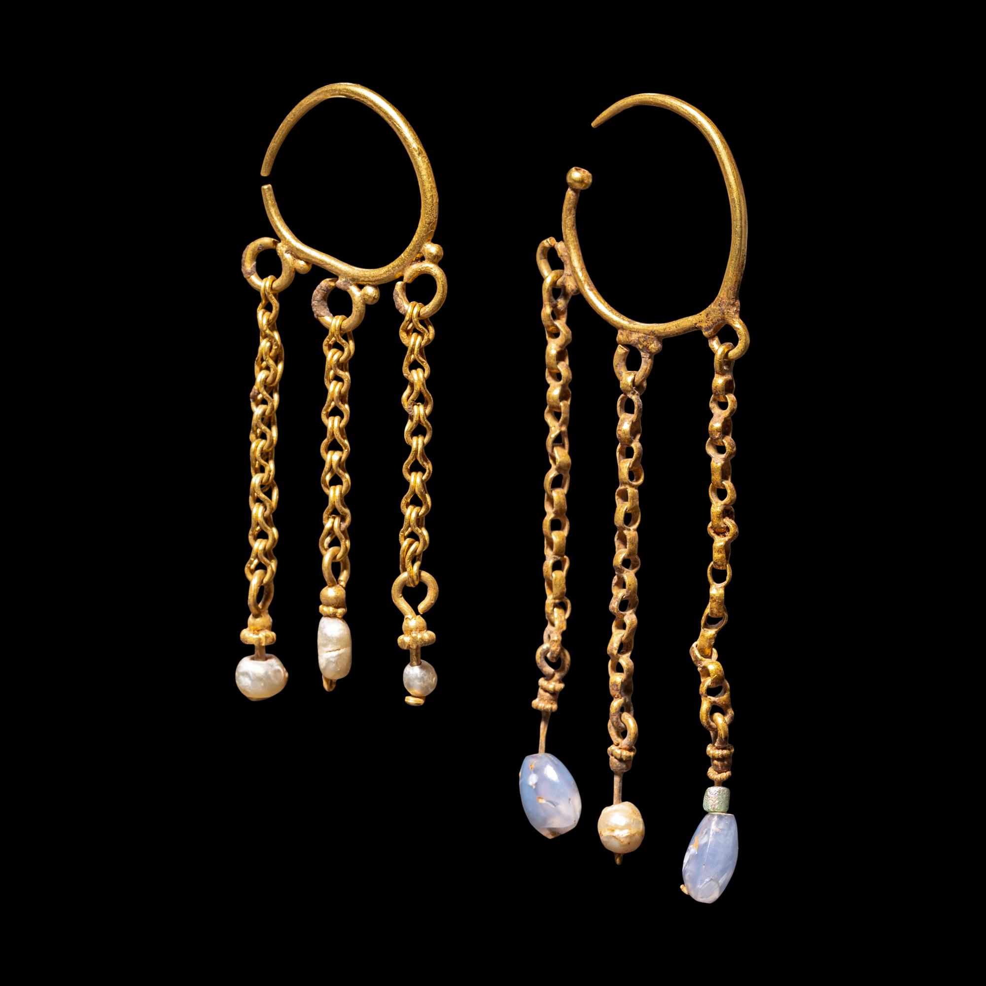 Two Byzantine Pearl, Chalcedony, and Gold Hoop Earrings