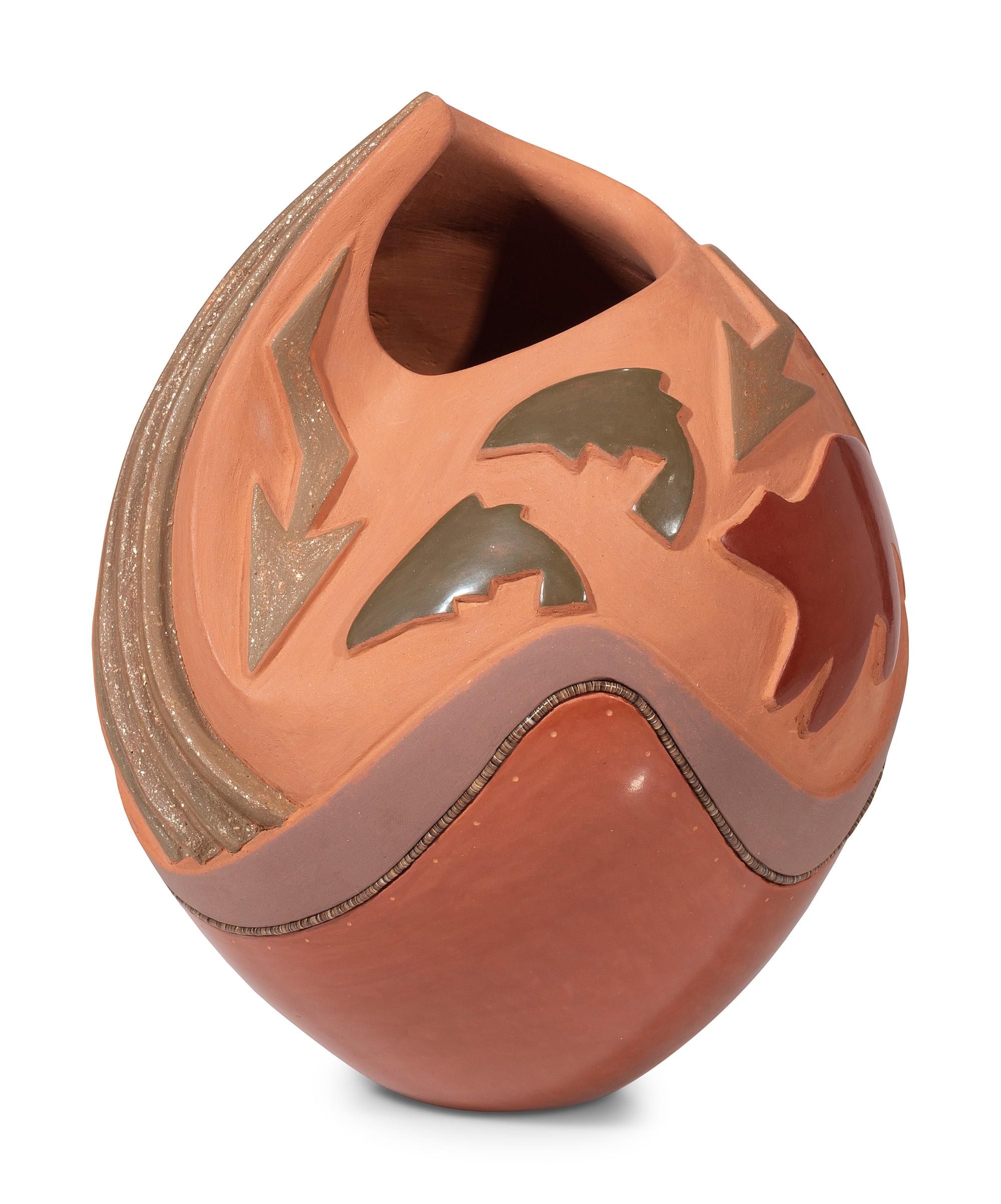 Red, Green, and Tan Pottery Vase