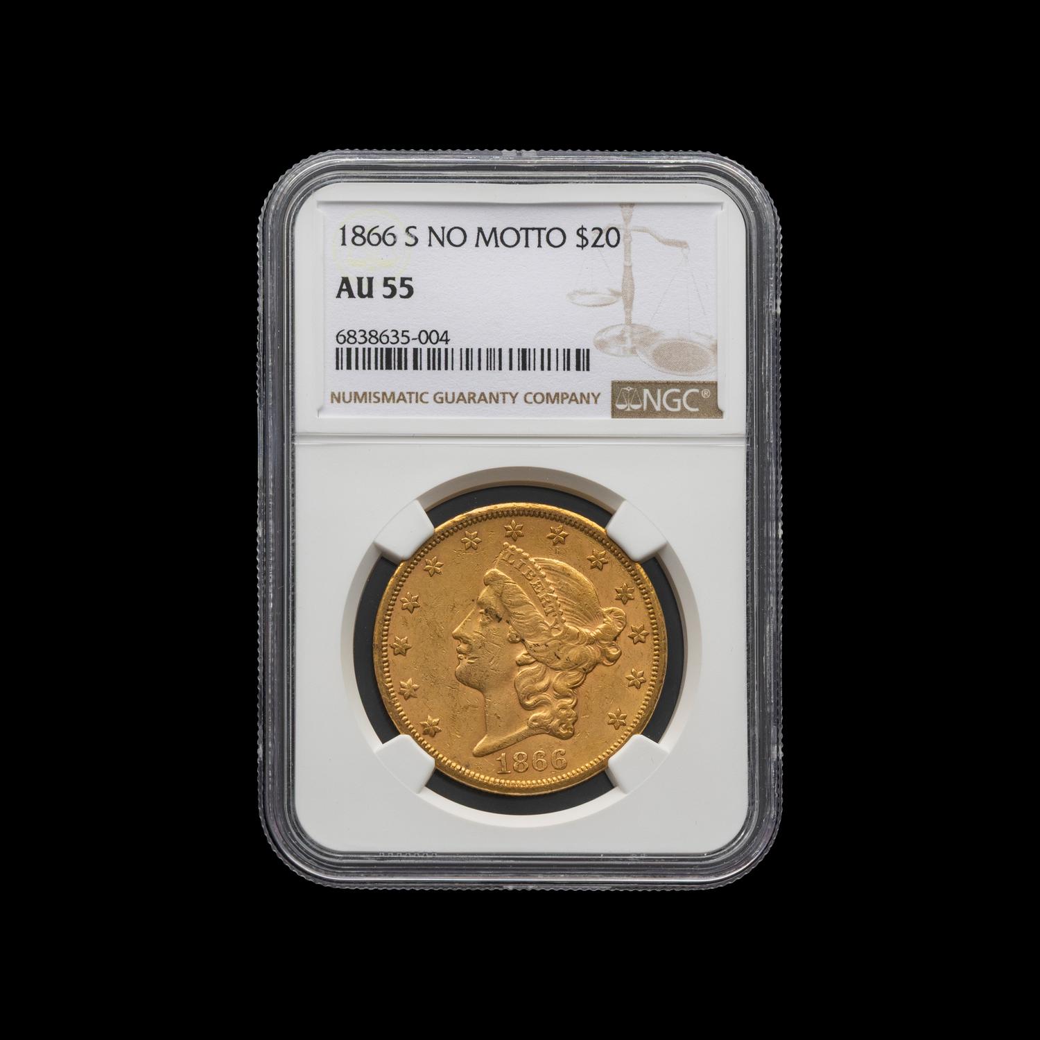 An 1866-S Liberty Head: No Motto $20 Gold Coin [NGC AU55]