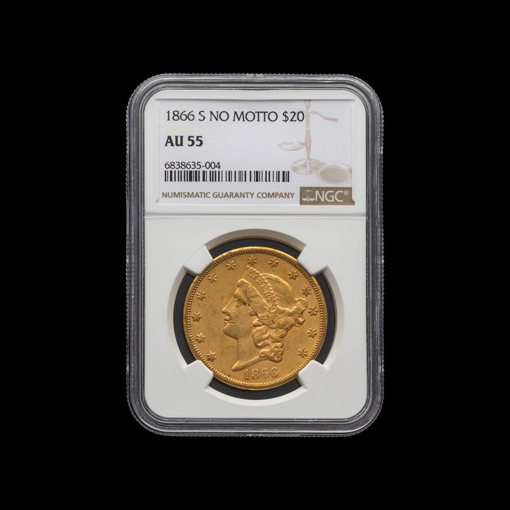 An 1866-S Liberty Head: No Motto $20 Gold Coin [NGC AU55]