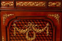 A Pair of Louis XVI Style Gilt Bronze Mounted Parquetry Marble-Top Cabinets