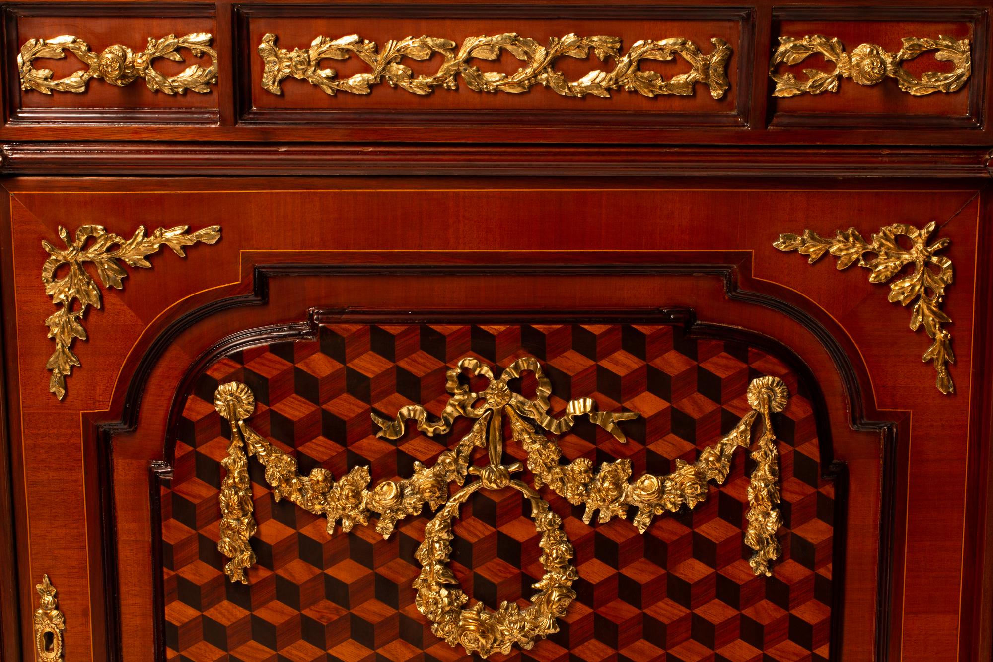 A Pair of Louis XVI Style Gilt Bronze Mounted Parquetry Marble-Top Cabinets