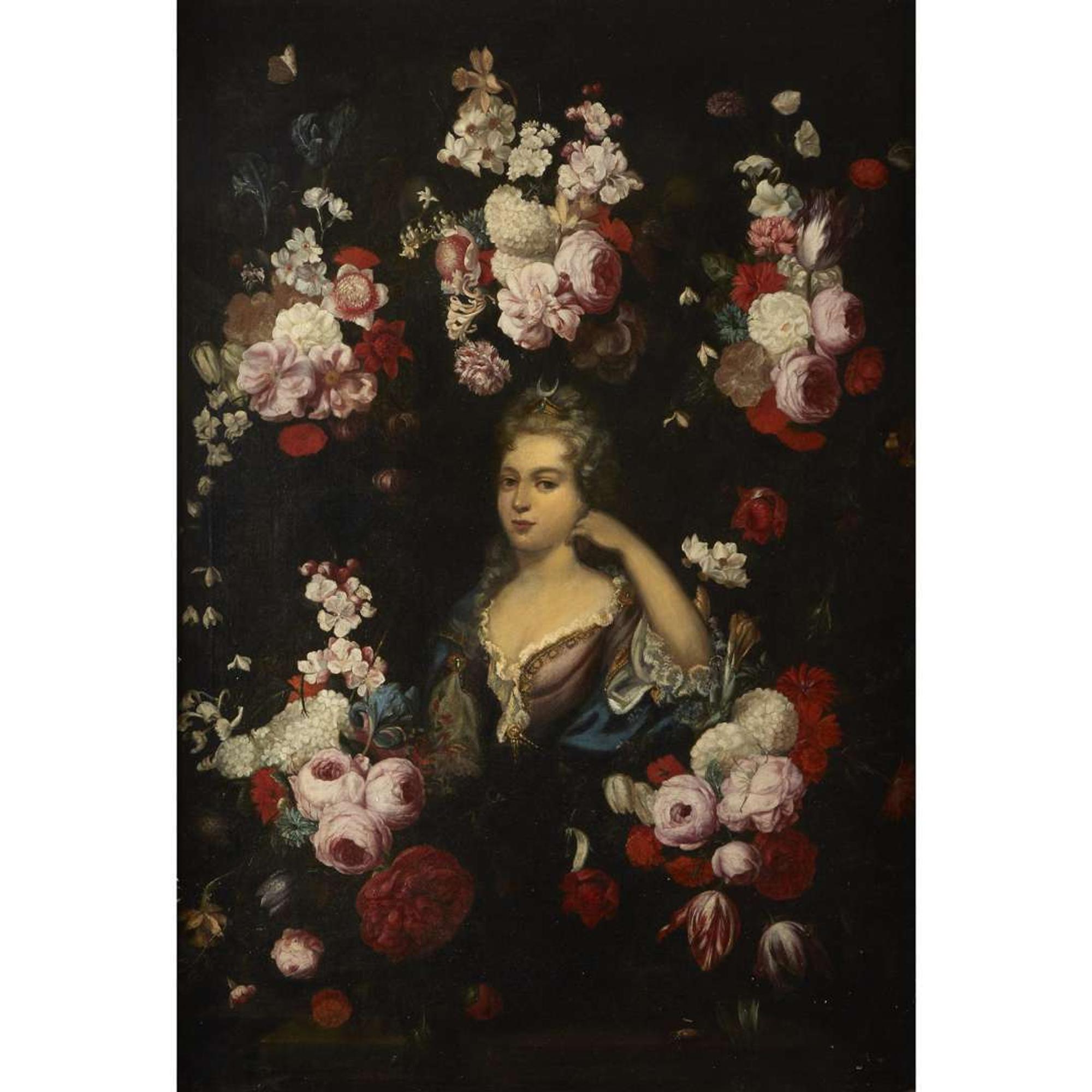 CIRCLE OF GASPAR PIETER VERBRUGGEN THE YOUNGER (FLEMISH 1664-1730) A CARTOUCHE OF FLOWERS WITH DIANA