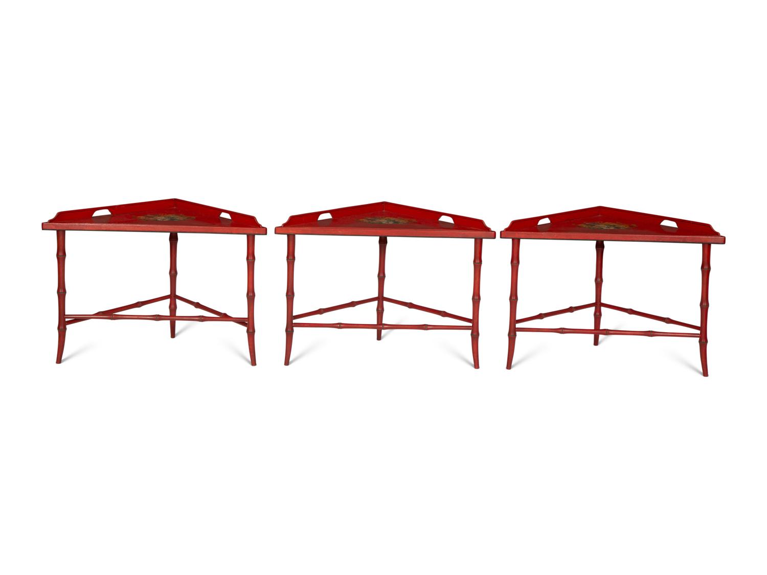 A Red and Polychrome-Painted Three-Part Low Table
