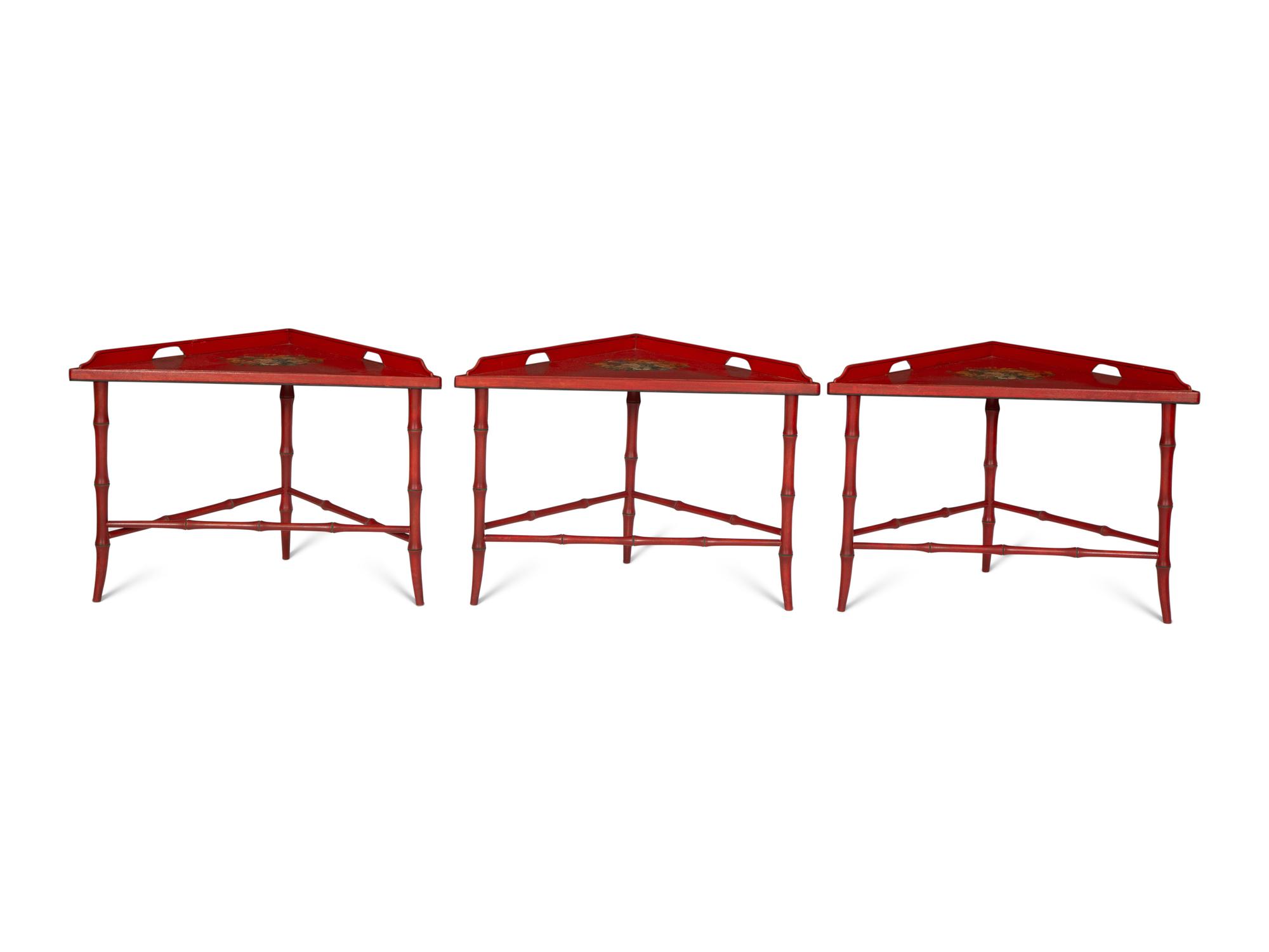 A Red and Polychrome-Painted Three-Part Low Table
