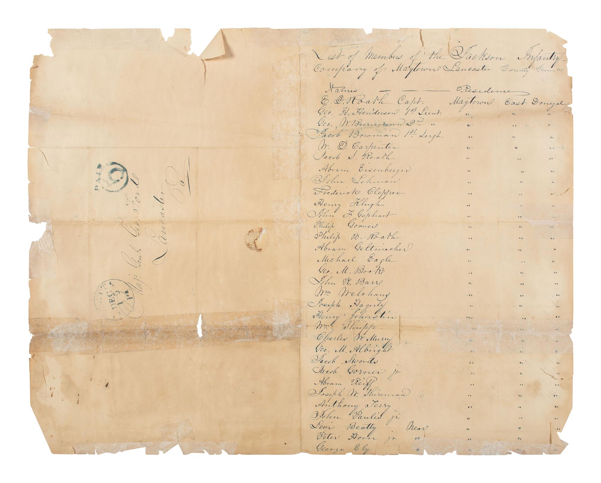 [MILITARIA]. Militia roll signed by Captain Emanuel D. Roath, later a commander at Gettysburg.