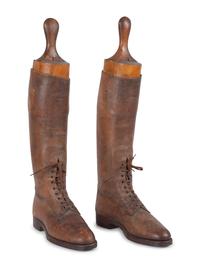 A Pair of Leather Lace Up Pull-On Men's Boots with Wood Boot Stretchers