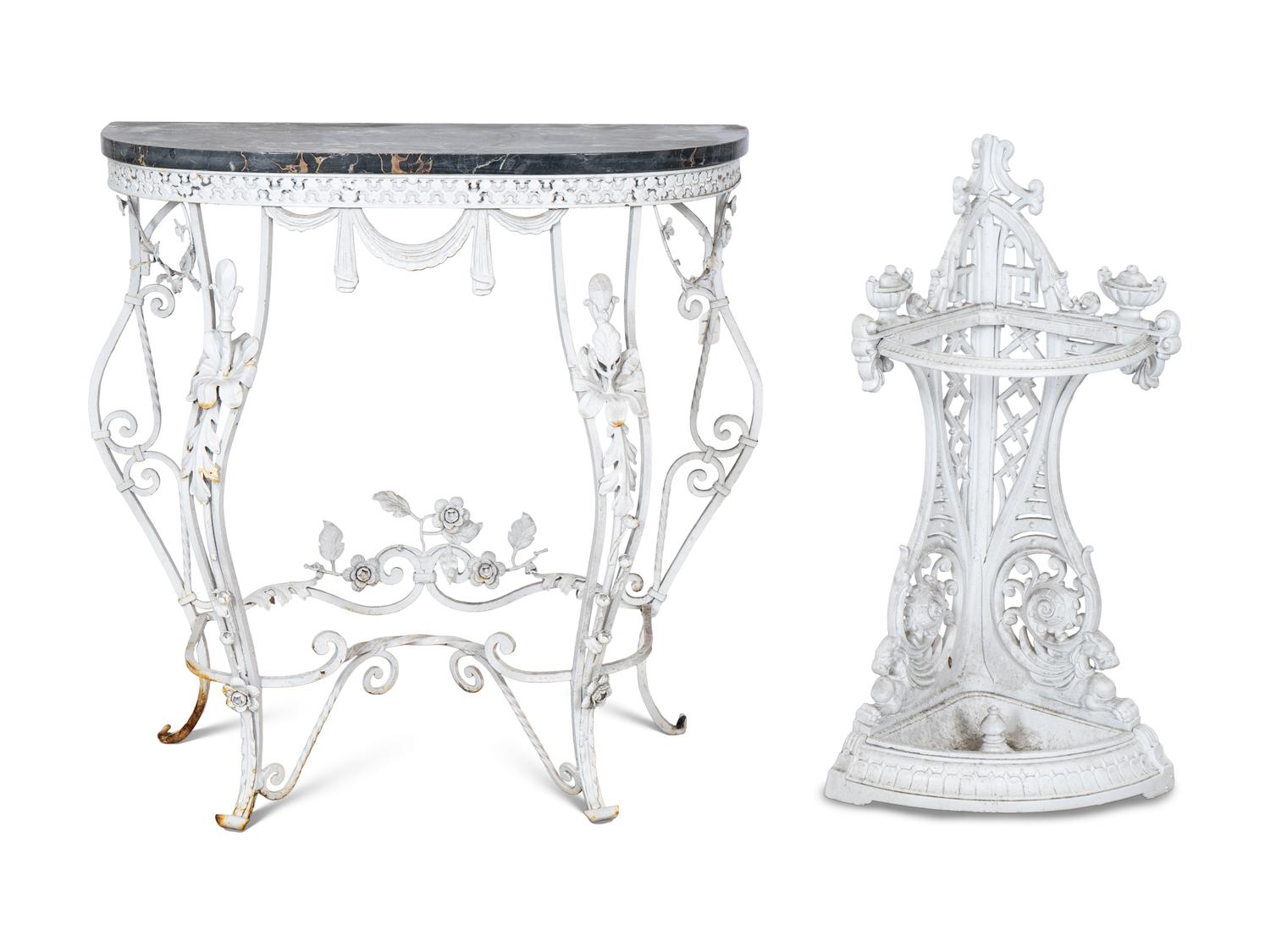 An Italian White-Painted Iron Marble Top Console and a Victorian Umbrella Stand