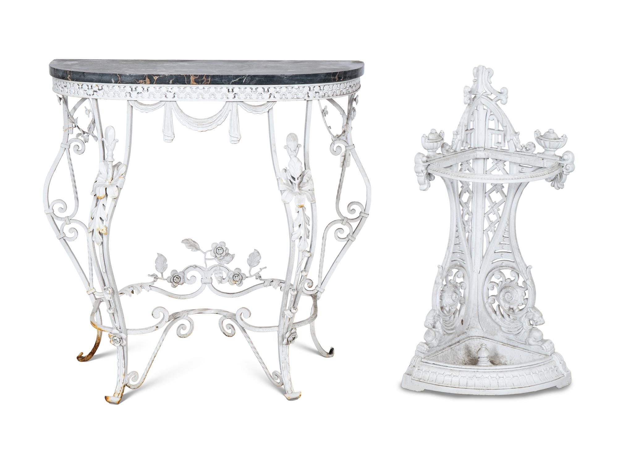An Italian White-Painted Iron Marble Top Console and a Victorian Umbrella Stand