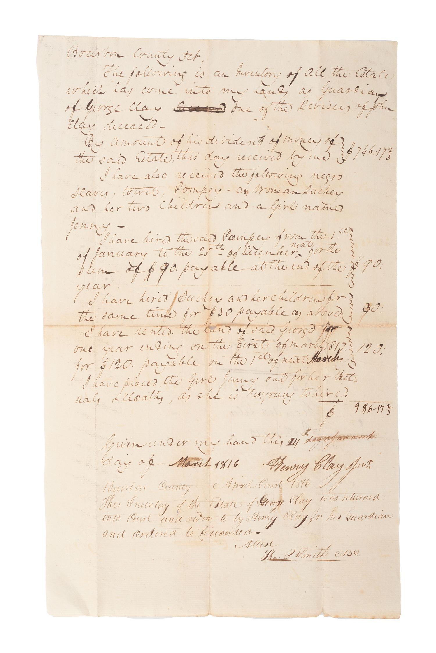 [SLAVERY & ABOLITION.] [CLAY, Henry, Jr. (1811-1847)]. Manuscript inventory signed ("Henry Clay Jr."), listing 5 enslaved individuals, Pompey, Suckey, and her children. Bourbon County, KY, 24 March 1816.