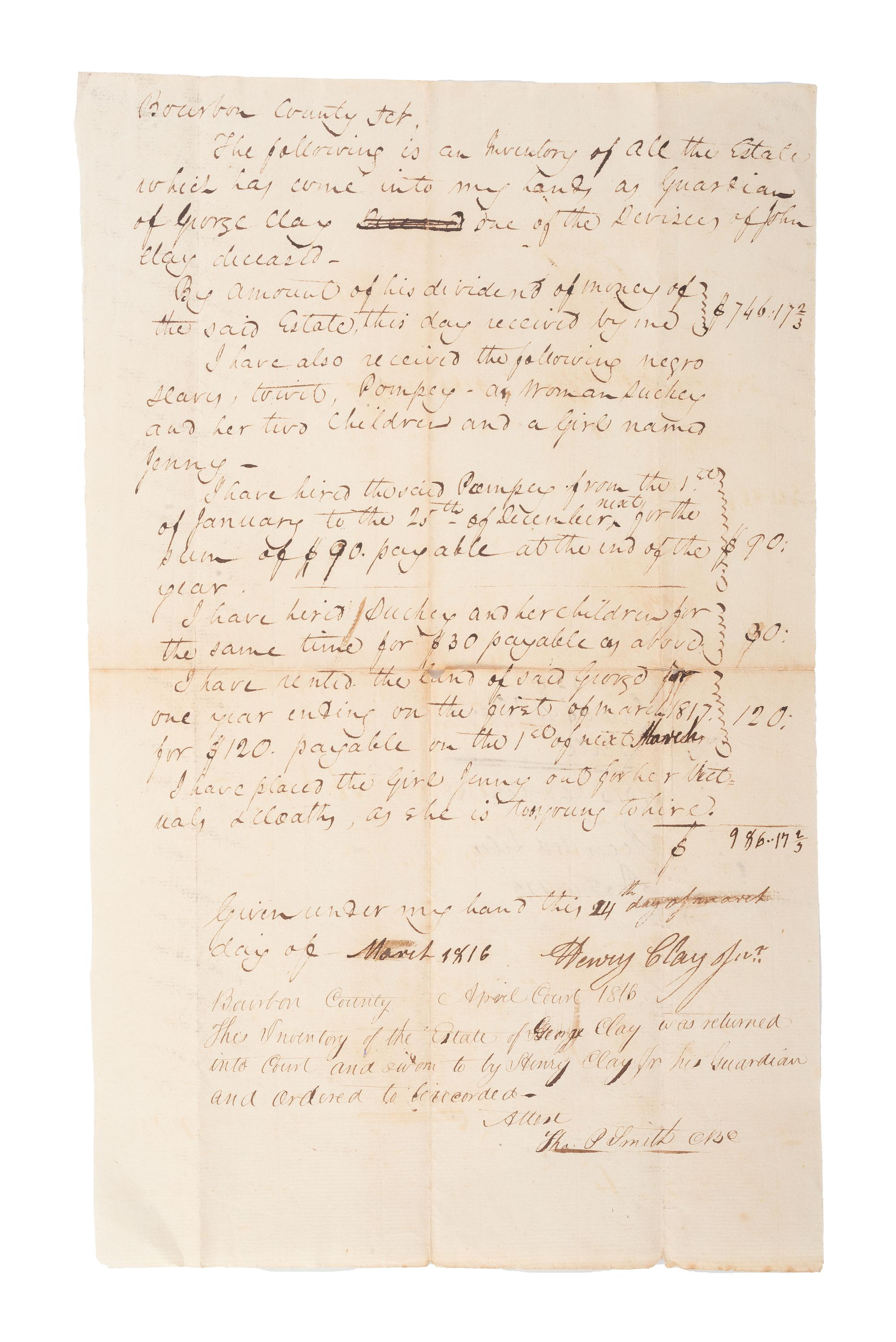 [SLAVERY & ABOLITION.] [CLAY, Henry, Jr. (1811-1847)]. Manuscript inventory signed ("Henry Clay Jr."), listing 5 enslaved individuals, Pompey, Suckey, and her children. Bourbon County, KY, 24 March 1816.