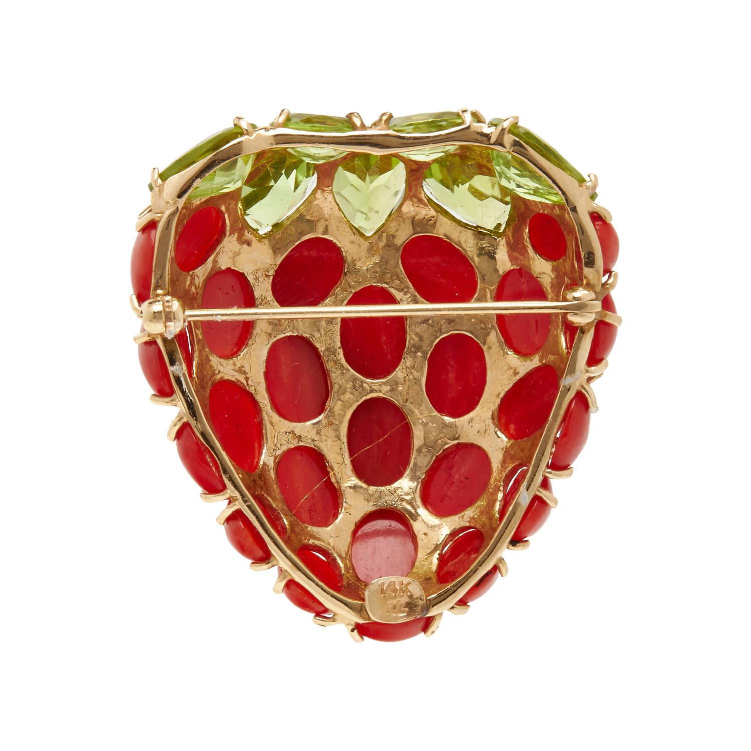 CORAL AND PERIDOT STRAWBERRY BROOCH