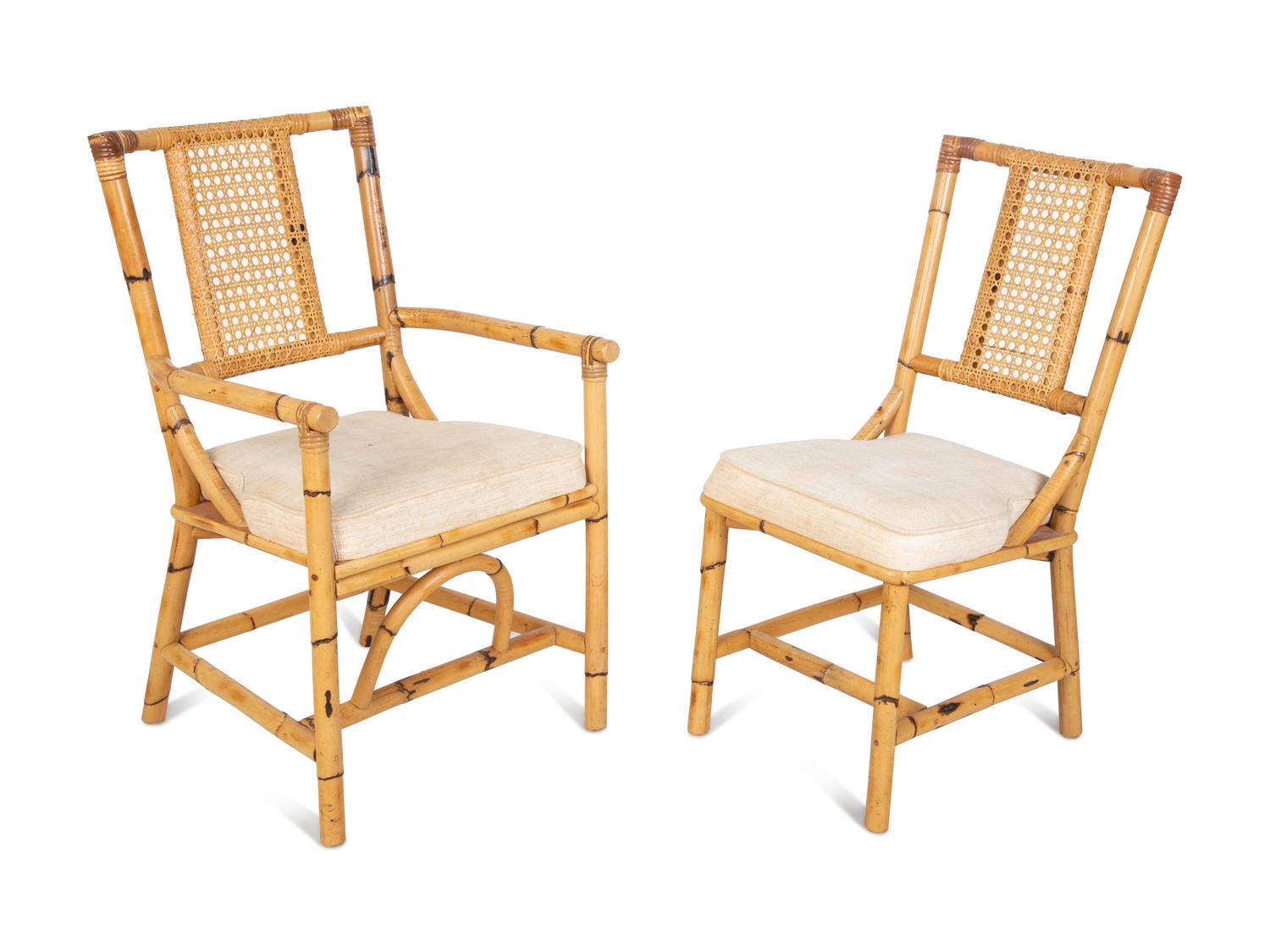 A Bamboo and Rattan Dining Set comprising a table and six chairs.