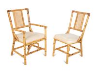 A Bamboo and Rattan Dining Set comprising a table and six chairs.