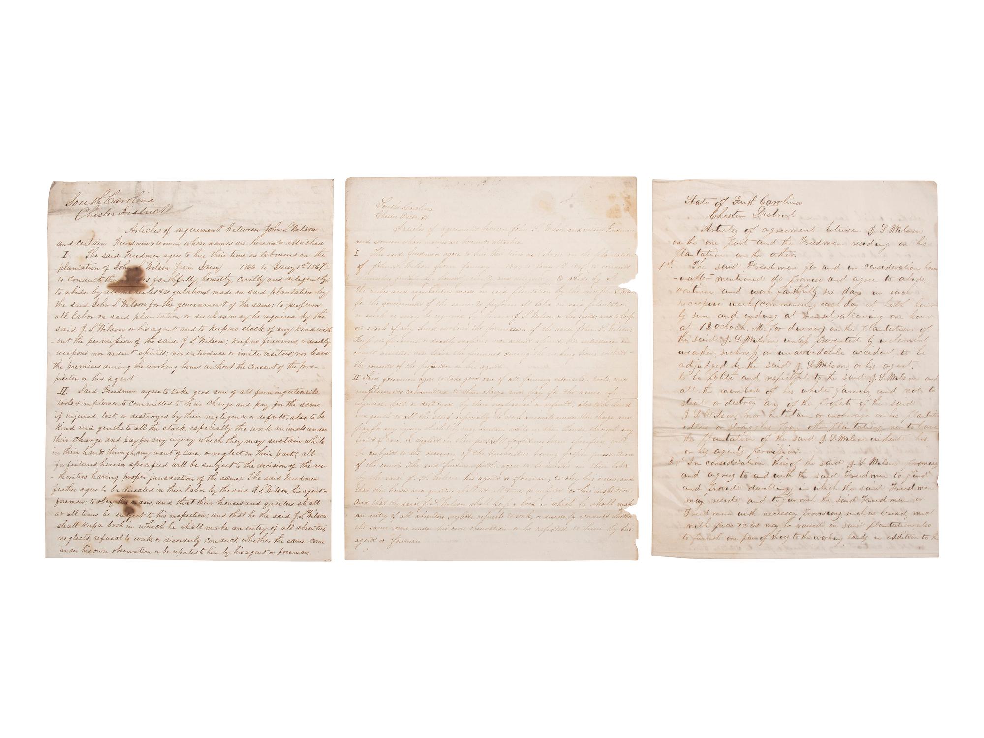 [SLAVERY & ABOLITION] -- [RECONSTRUCTION]. Labor contracts, "Rules & Regulations," and other documents associated with freedmen working on the South Carolina plantation of John S. Wilson, 1865-1868.