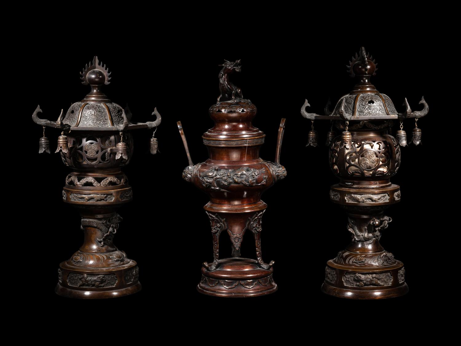 Two Japanese Pagoda-Form Bronze Lanterns and A Bronze Incense Burner