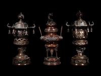 Two Japanese Pagoda-Form Bronze Lanterns and A Bronze Incense Burner