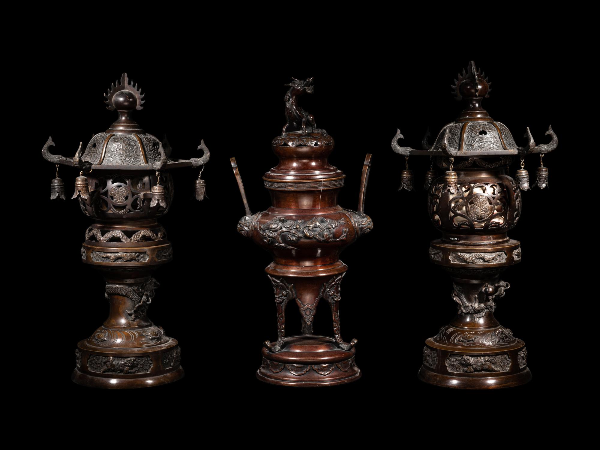 Two Japanese Pagoda-Form Bronze Lanterns and A Bronze Incense Burner