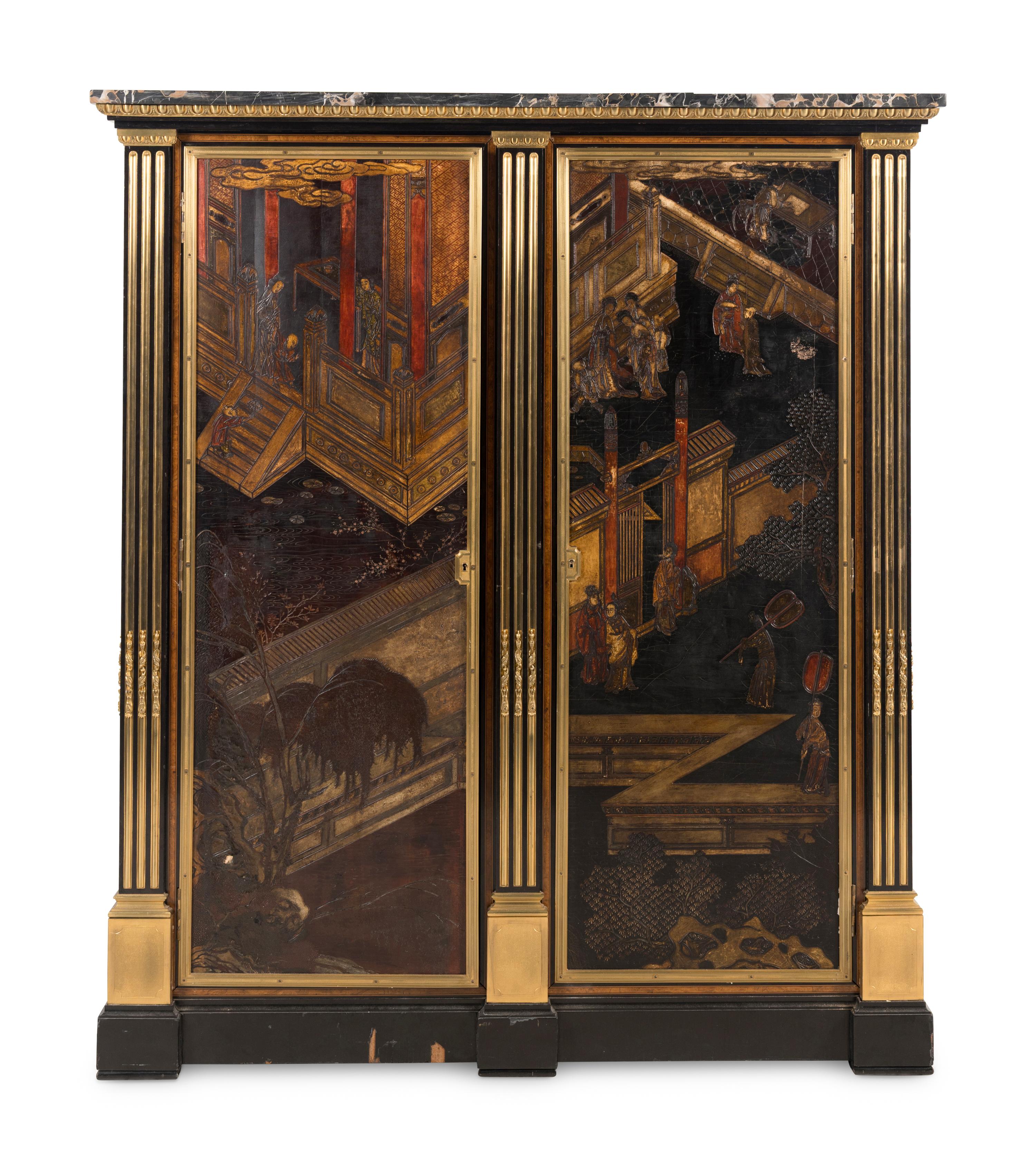A Louis XVI Style Part Ebonized Amboyna, Chinese Lacquer and Gilt Bronze Mounted Cabinet