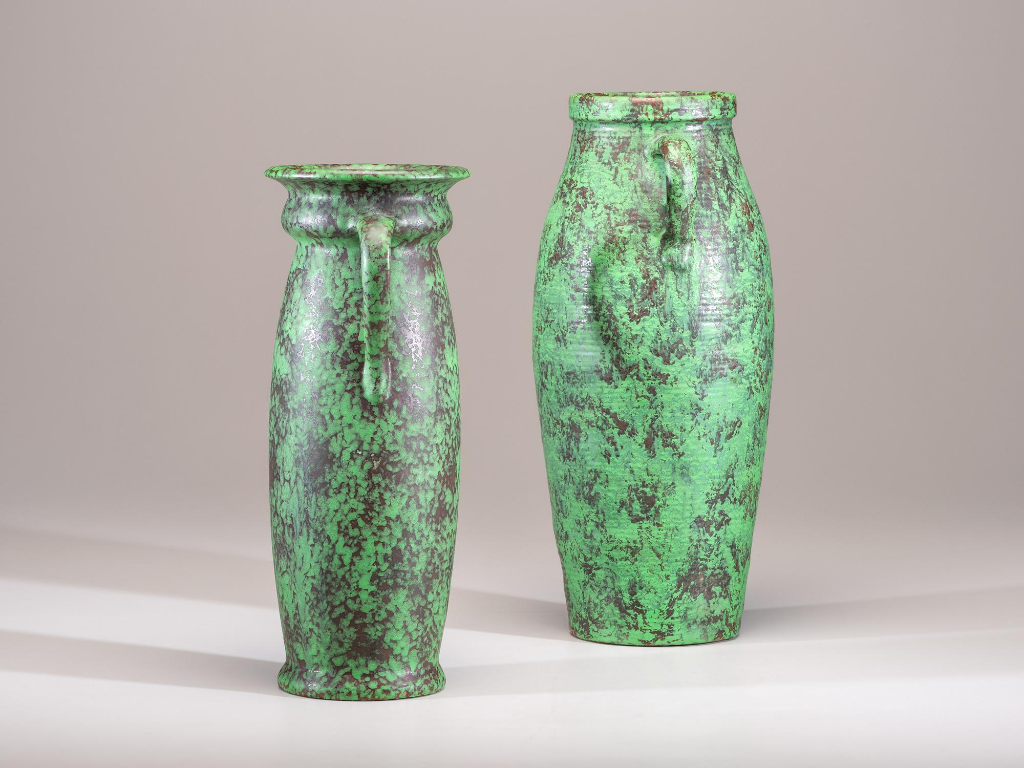 Two Coppertone Monumental Two-Handled Floor Vases