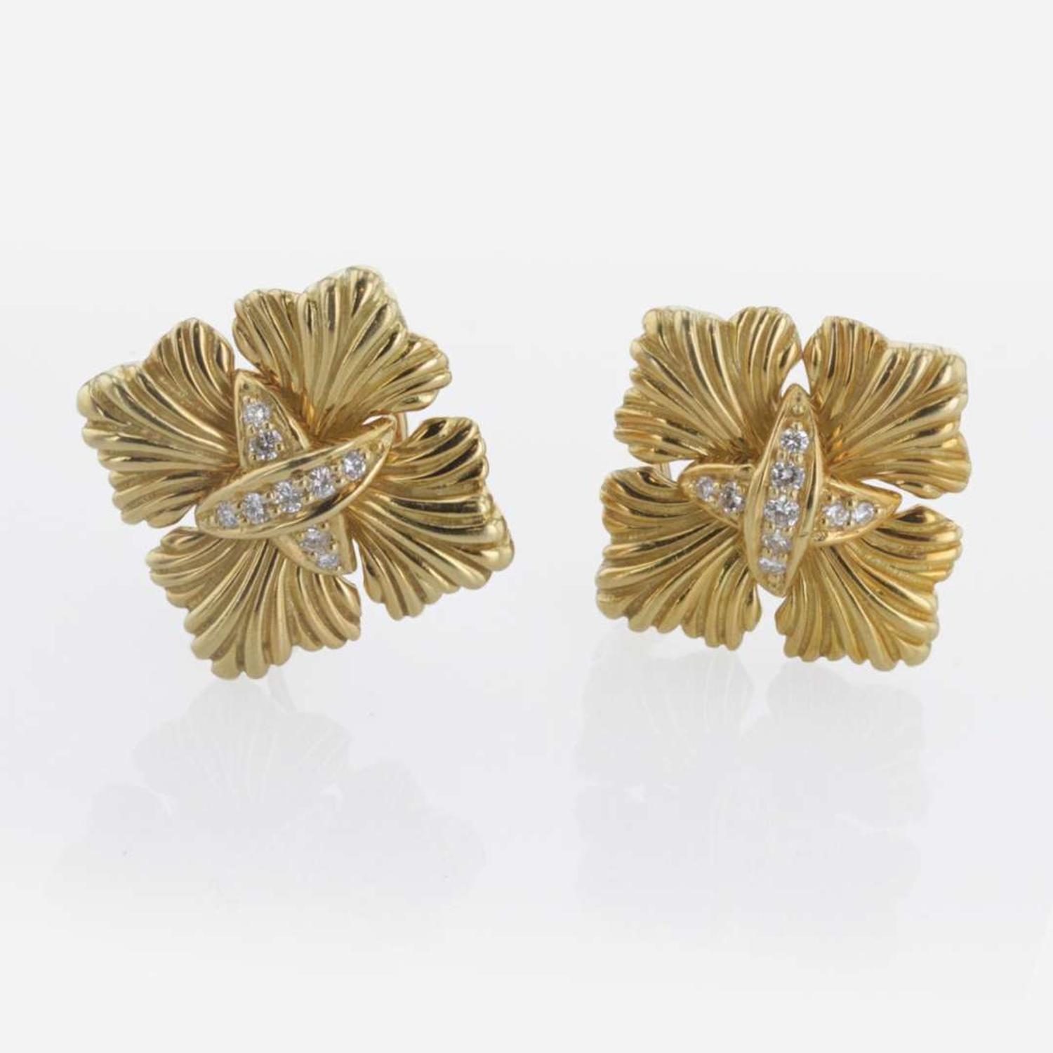 A Pair of 18K Yellow Gold and Diamond Ear Clips