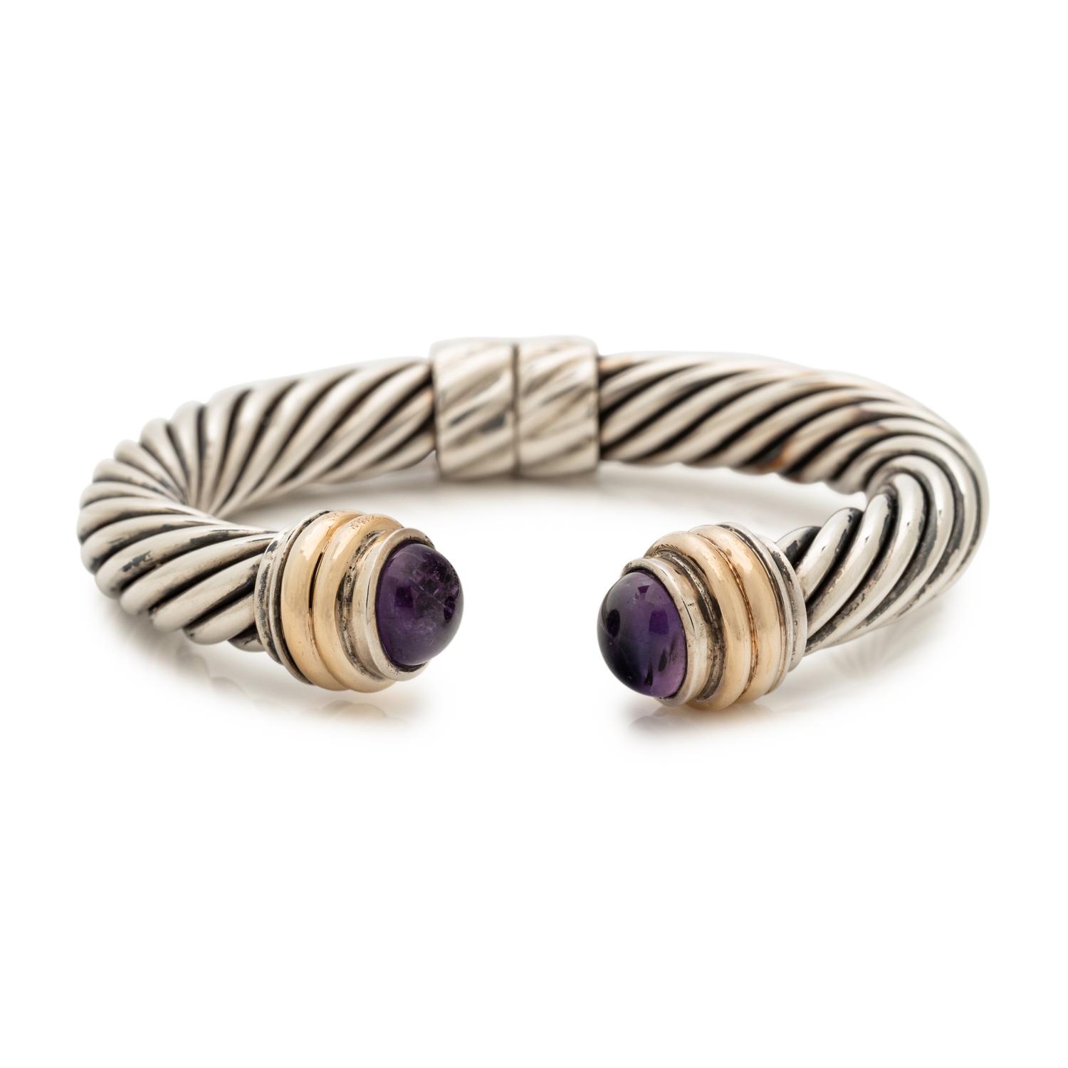 DAVID YURMAN, STERLING SILVER, YELLOW GOLD AND AMETHYST 'CABLE CLASSICS' CUFF BRACELET