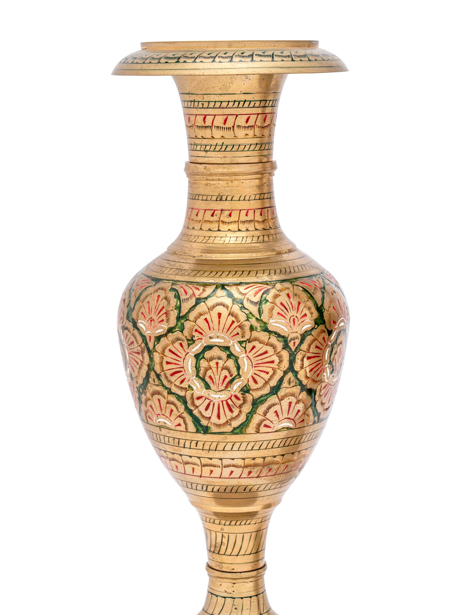 A Pair of Middle Eastern Enameled Brass Vases