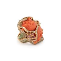 CARVED CORAL AND MULTIGEM RING
