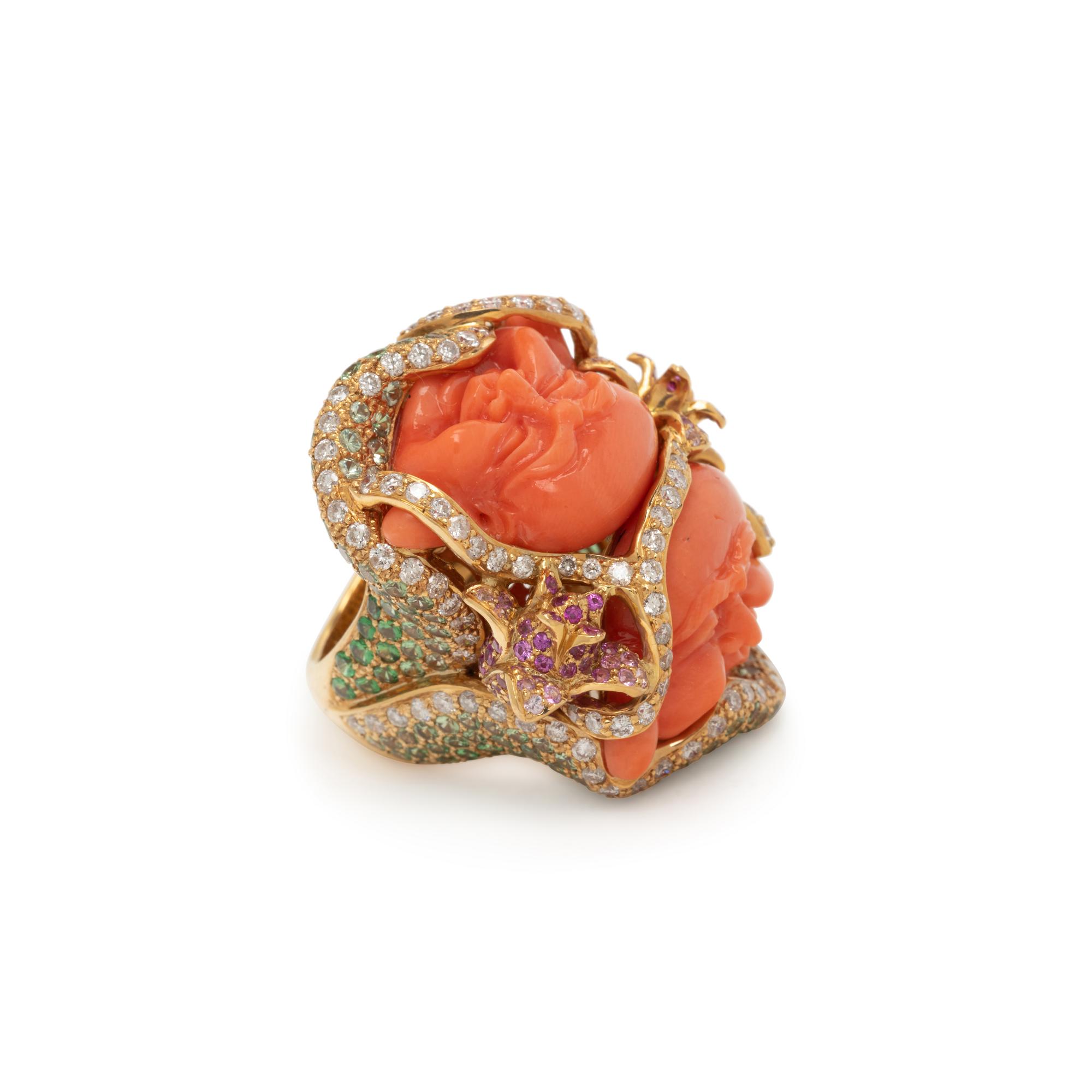 CARVED CORAL AND MULTIGEM RING