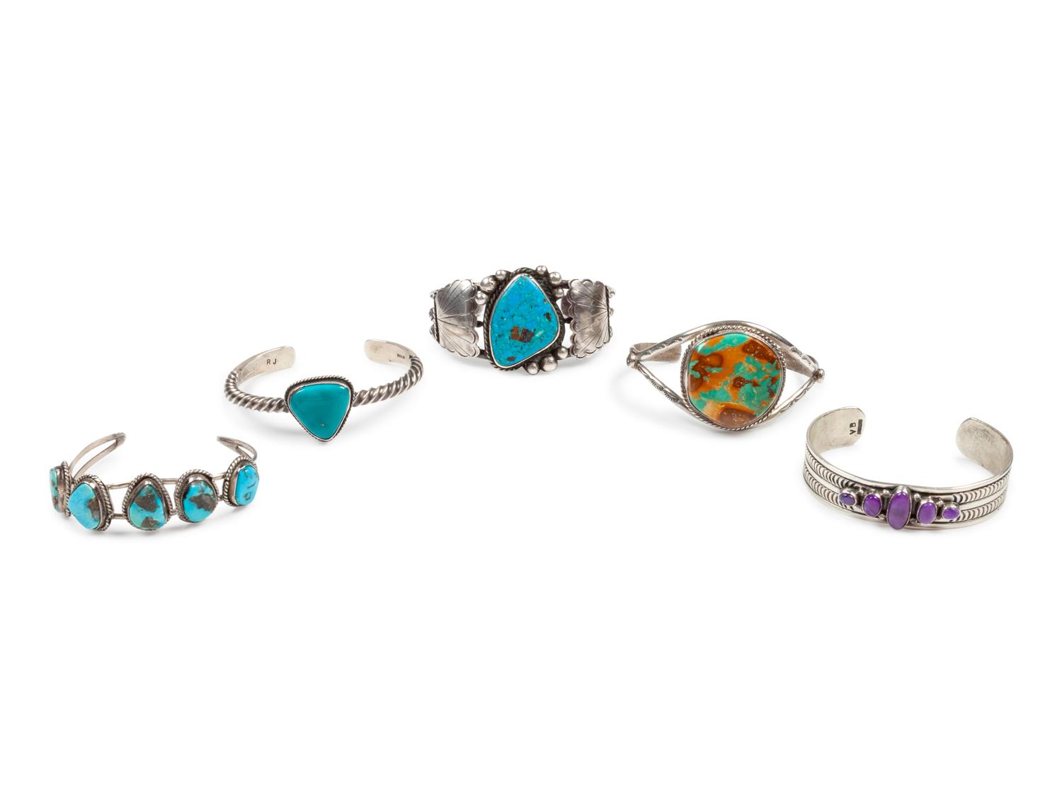Five Navajo Sterling Silver Cuff Bracelets with Stone Inlay