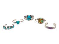 Five Navajo Sterling Silver Cuff Bracelets with Stone Inlay