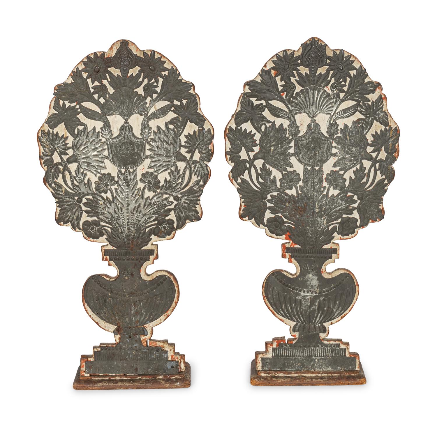 A Pair of Continental Pine and Pierced Metal Cache Pot-Form Chimney Boards