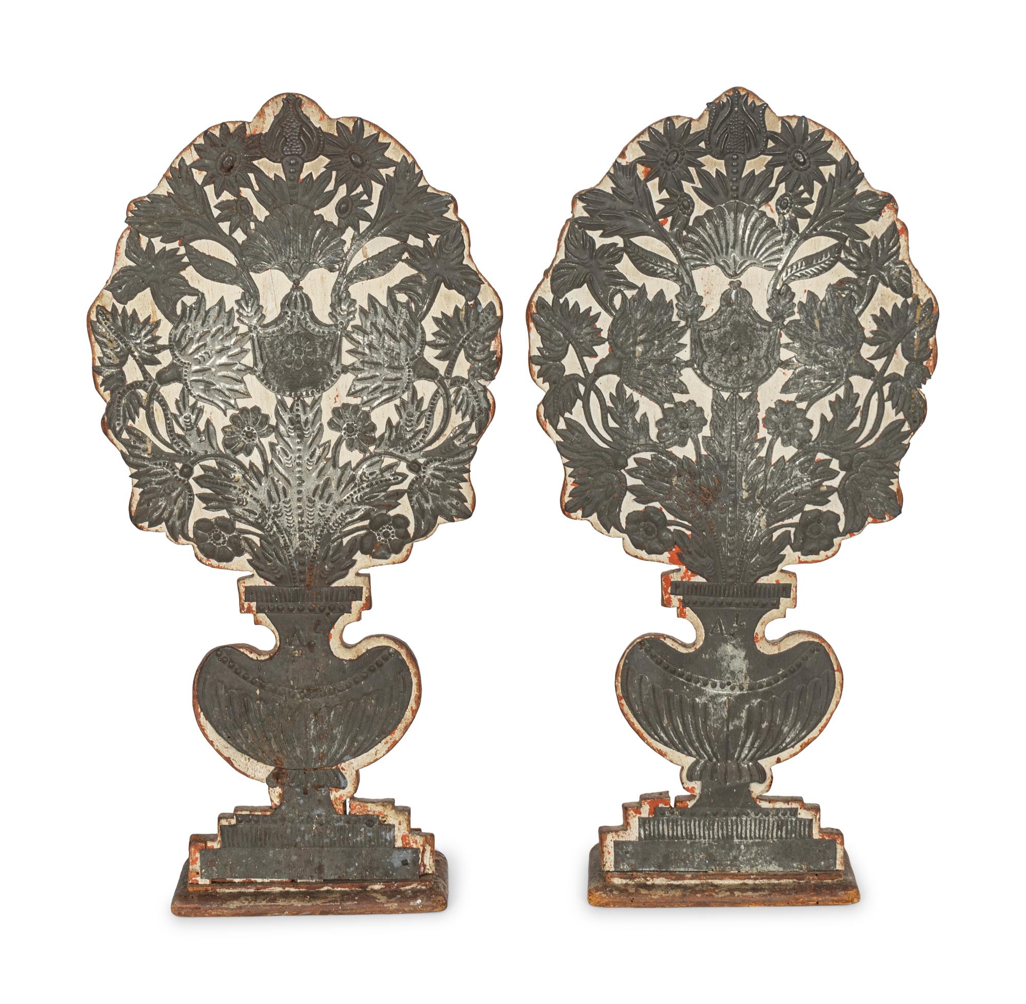 A Pair of Continental Pine and Pierced Metal Cache Pot-Form Chimney Boards